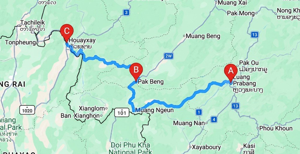 Mekong cruise route map showing Houayxay, Pak Beng, and Luang Prabang